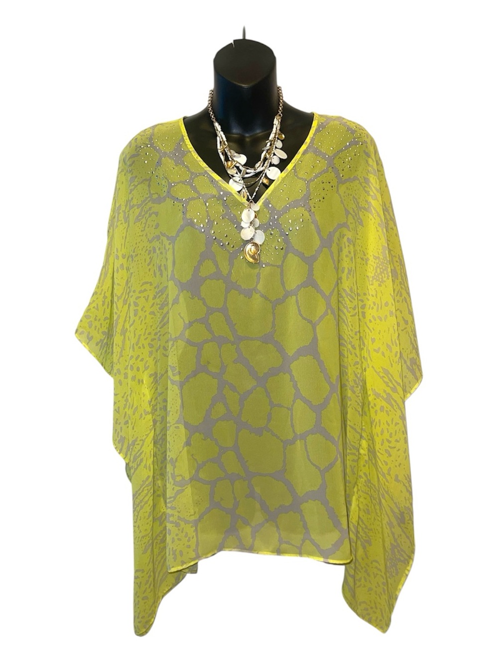 Valerie Stevens Lime Yellow V-Neck Sheer Poncho Blouse with Rhinestones